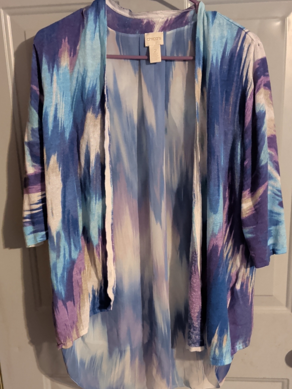 Chico's Blue, Purple & Cream Watercolor Open-Front Cardigan